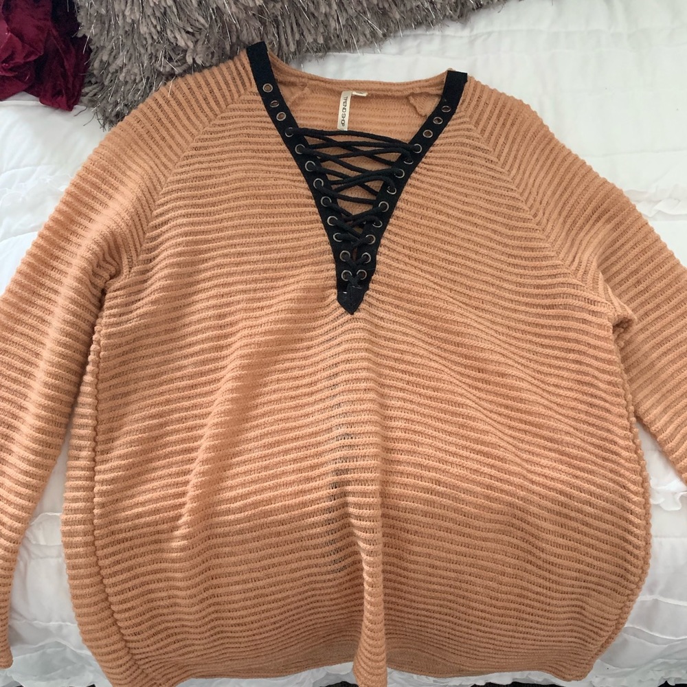 Lace up tan sweater